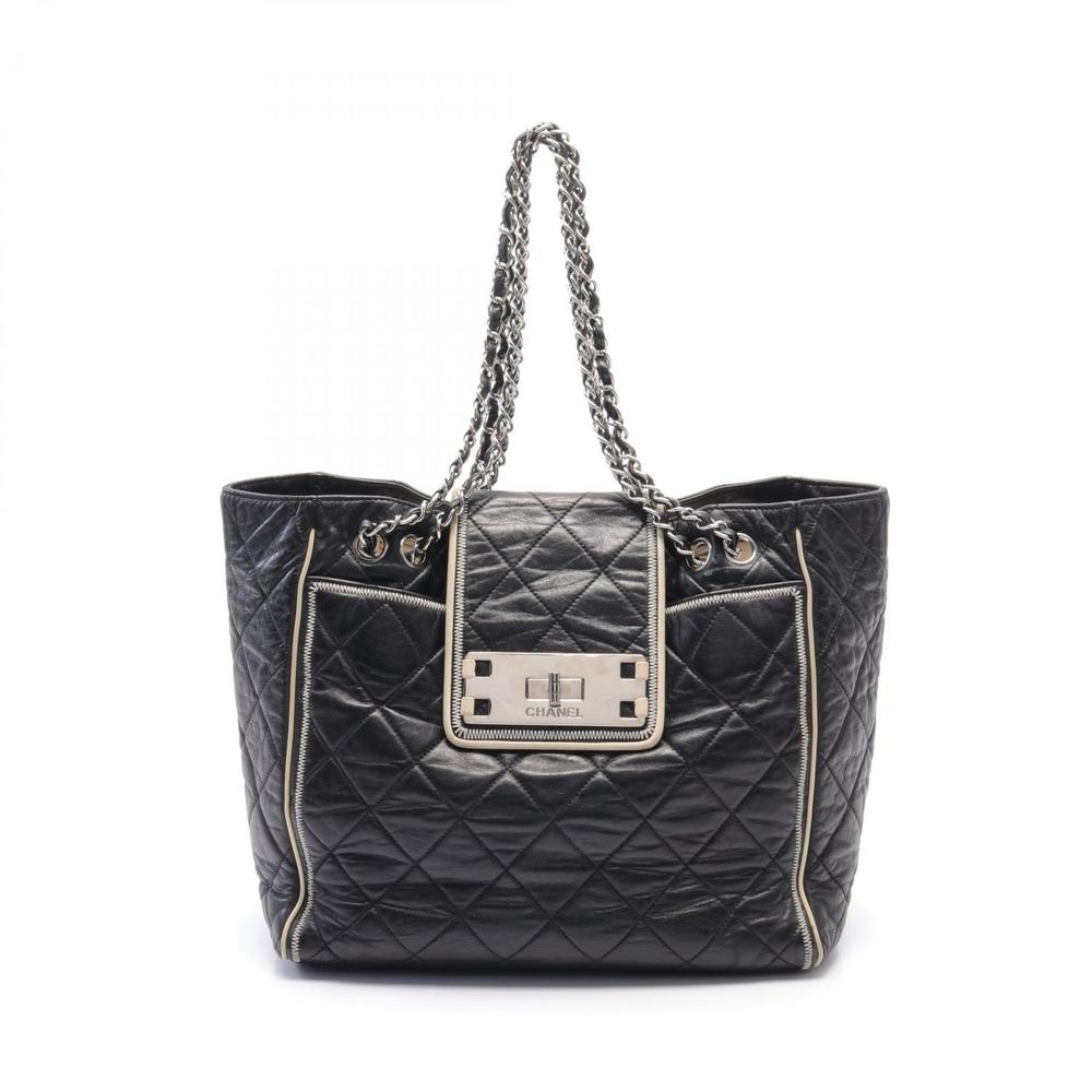 CHANEL East West Matelasse Shoulder Bag Leather Black White